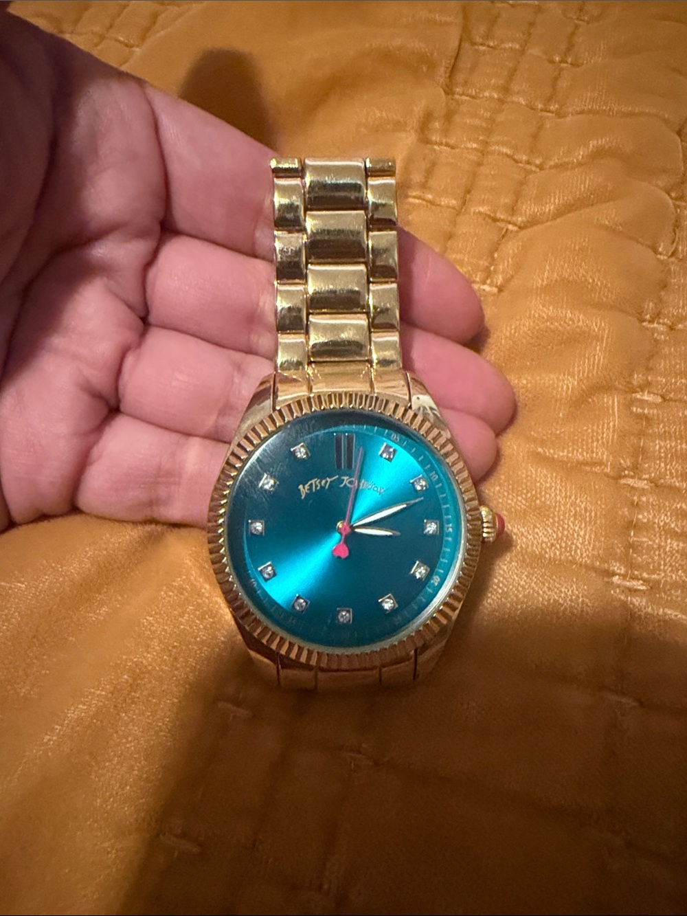 Betsey Johnson Gold Tone Watch with Teal Dial and Pink Heart Second Hand